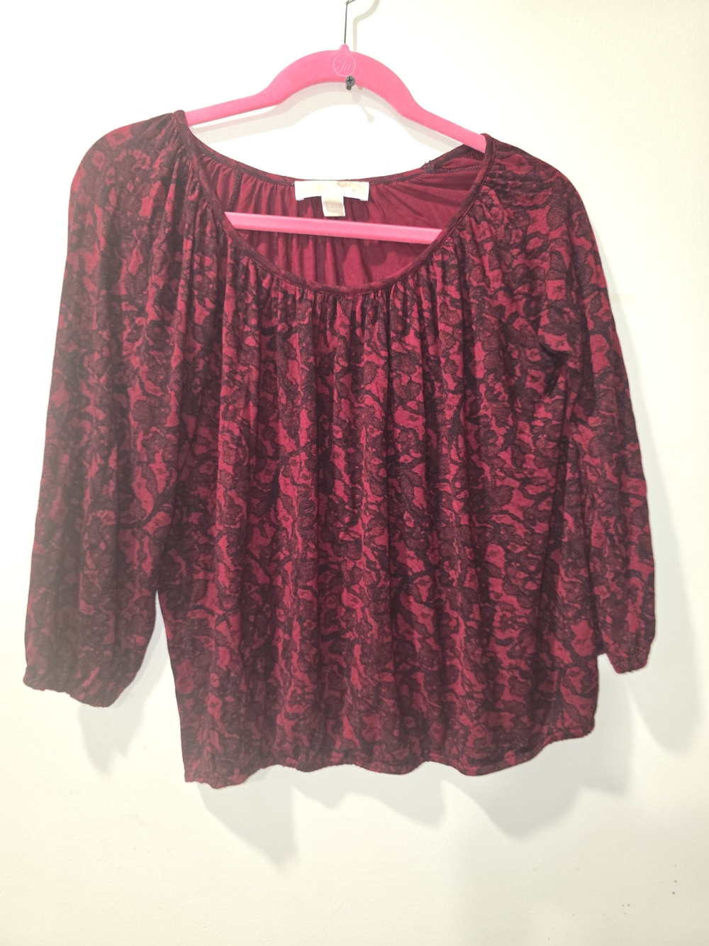 Women's Red With Black Patterned Peasant Blouse